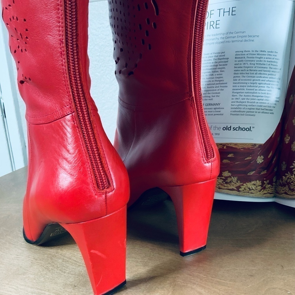 Bellini Celine Red  Leather Women Laser Cut Knee High 3.5"Heel Boots - Picture 4 of 7